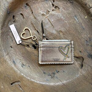 Victoria's Secret gold-tone faux leather card case wallet key chain NEW